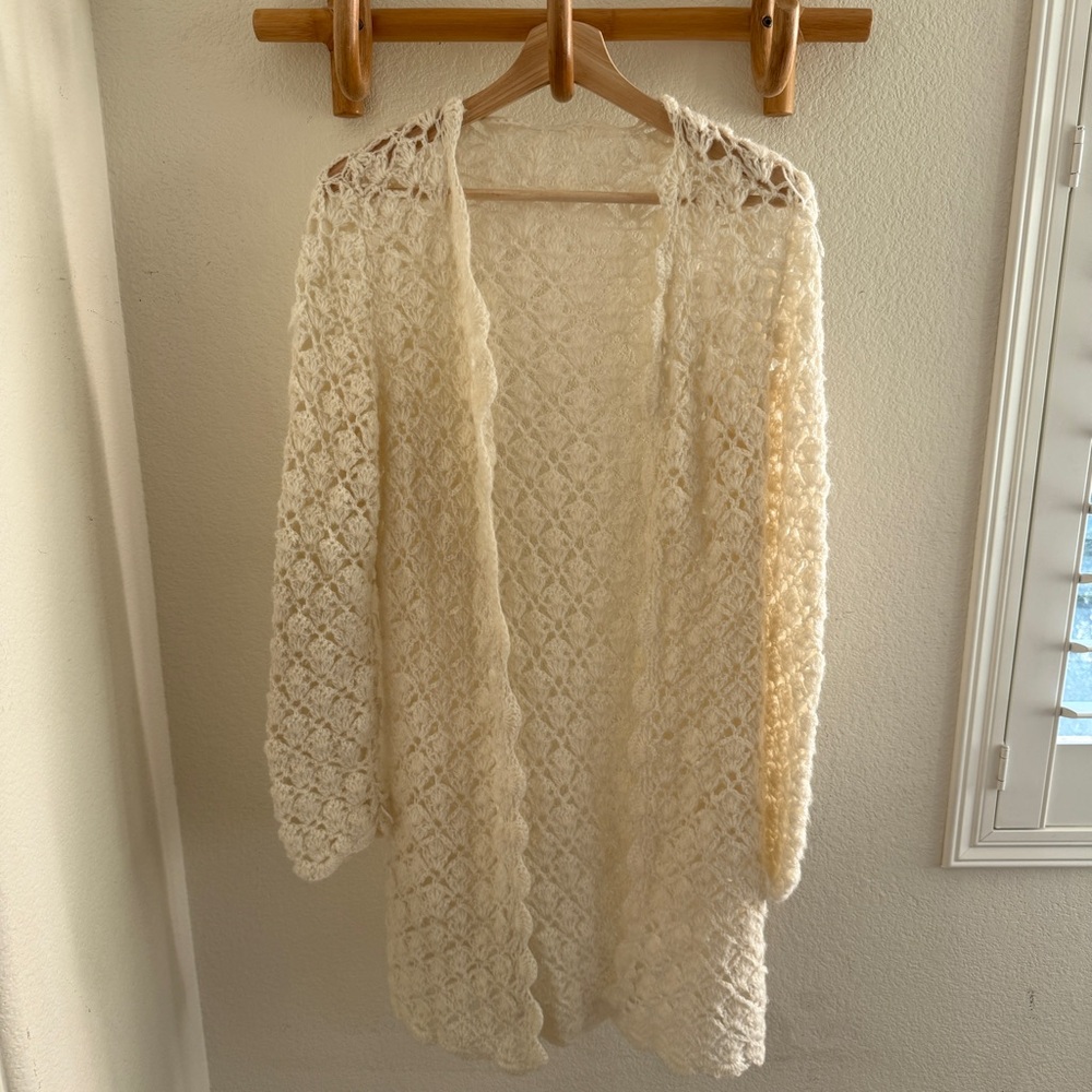 Handmade vintage Cream crochet long cardigan open front long sleeves boho